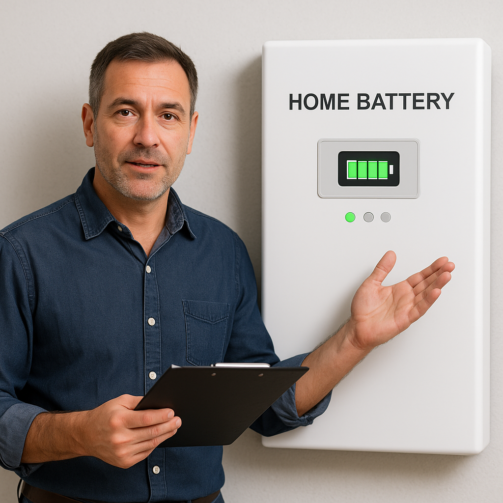 Technicus bespreekt specificaties van thuisbatterij tijdens normeringsbijeenkomst