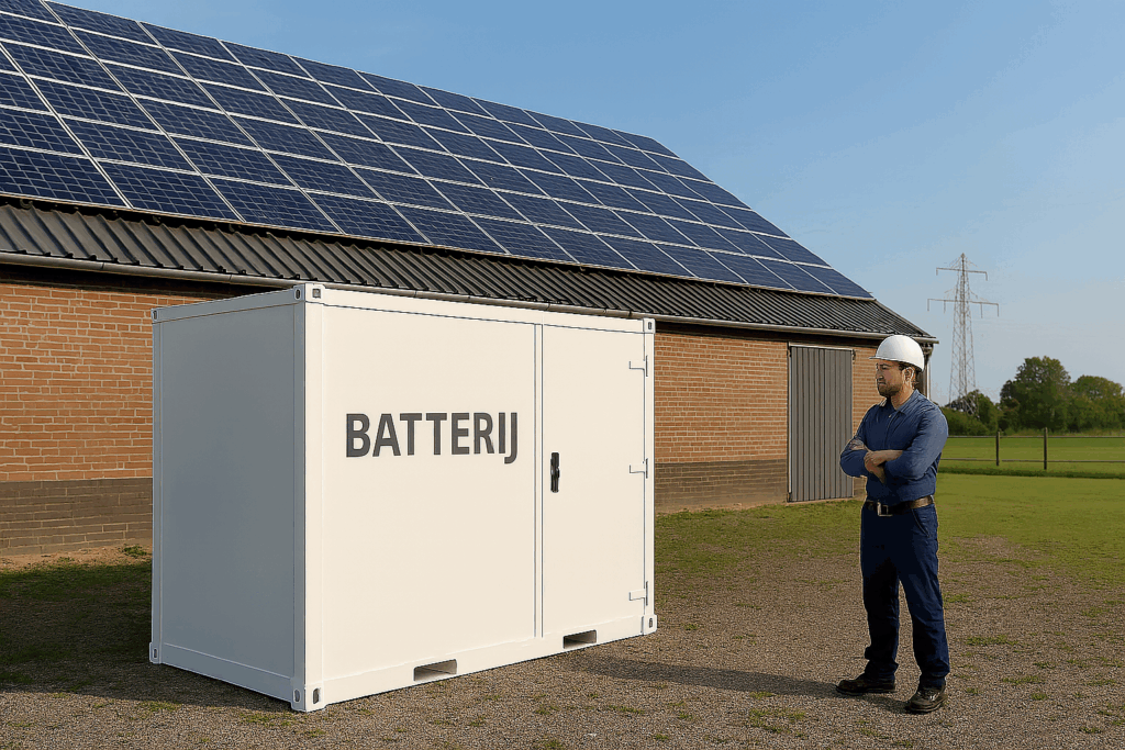 Zakenman met helm inspecteert batterijopslagunit bij agrarisch bedrijf met zonnepanelen op het dak, tegen een achtergrond van groen landschap en hoogspanningsmast