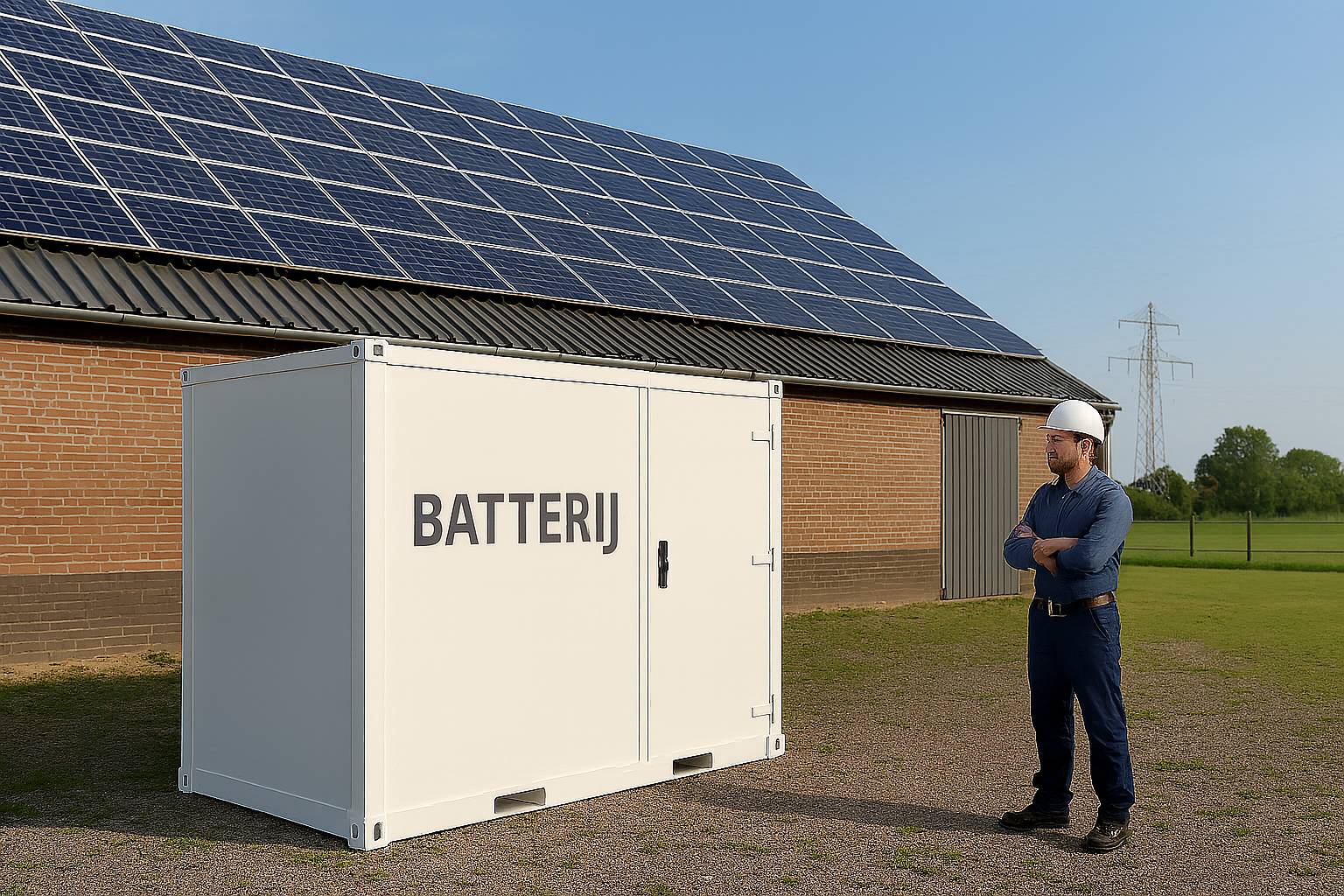 Zakenman met helm inspecteert batterijopslagunit bij agrarisch bedrijf met zonnepanelen op het dak, tegen een achtergrond van groen landschap en hoogspanningsmast