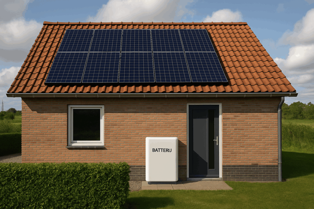 Woning met zonnepanelen op het dak en een compacte thuisbatterij aan de gevel, geplaatst in een groene omgeving onder een deels bewolkte lucht